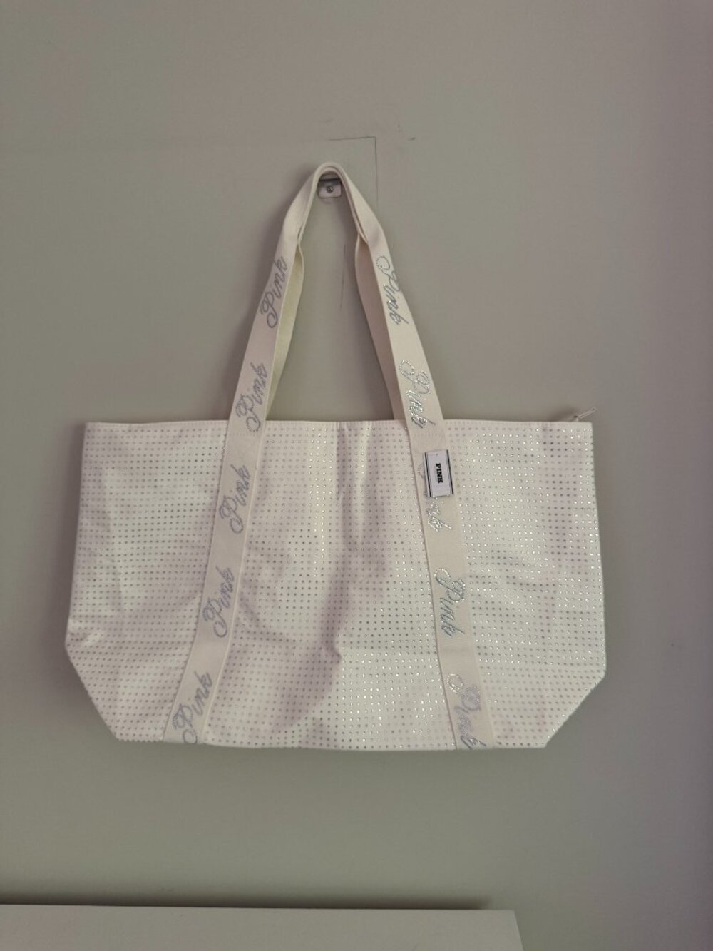 NWT Victoria’s Secret PINK Rhinestone Oversized Tote Cream Bling Y2K